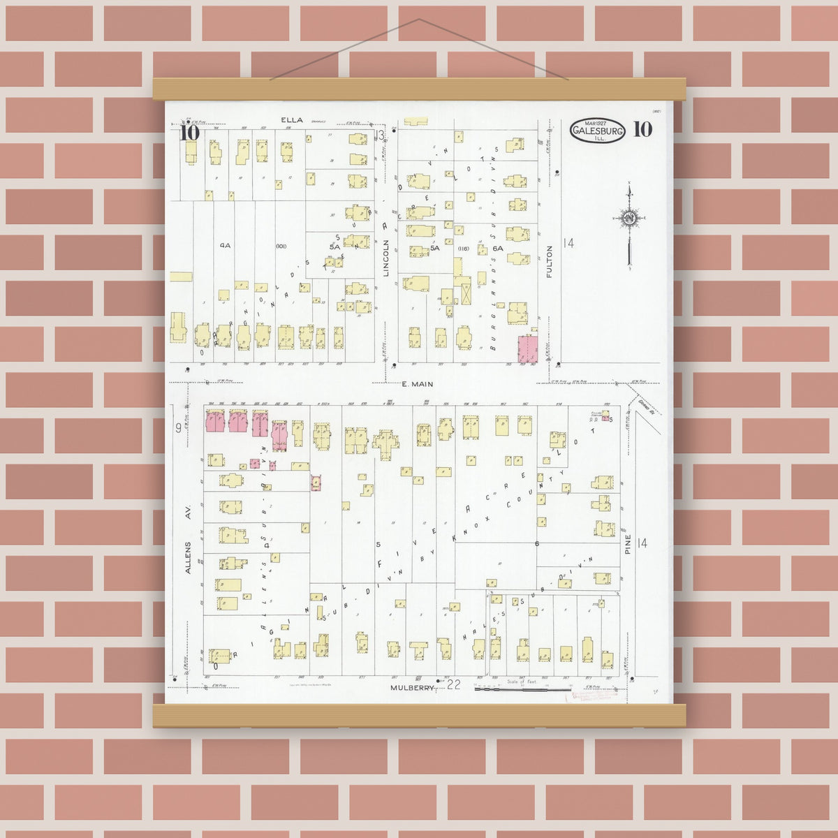 Old map wall art mockup — magnetic wood frame on brick wall — Sanborn Fire Insurance Map from Galesburg, Knox County, Illinois (1927), Sheet #0010