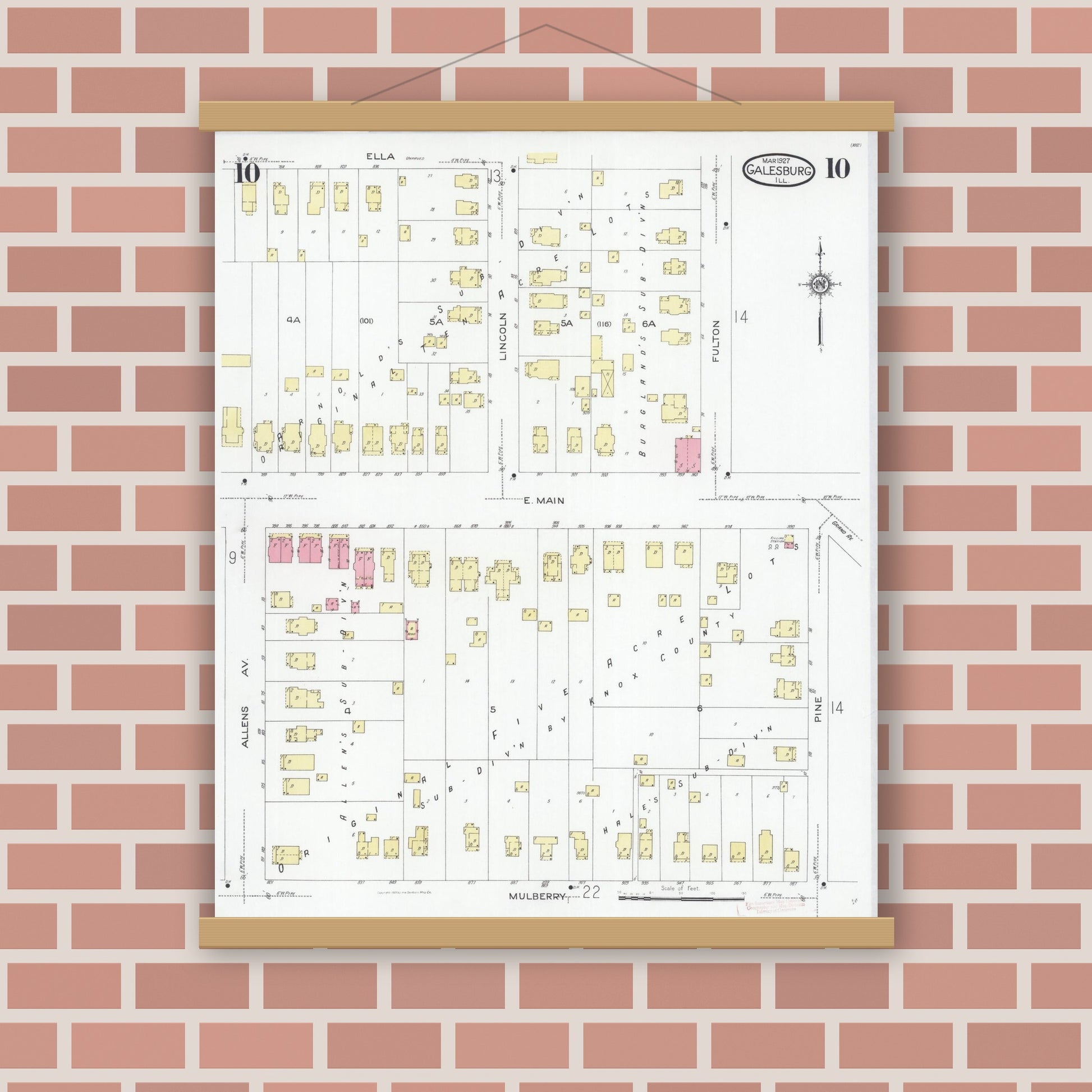 Old map wall art mockup — magnetic wood frame on brick wall — Sanborn Fire Insurance Map from Galesburg, Knox County, Illinois (1927), Sheet #0010