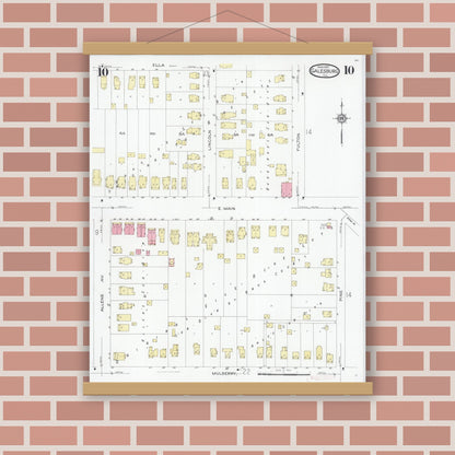 Old map wall art mockup — magnetic wood frame on brick wall — Sanborn Fire Insurance Map from Galesburg, Knox County, Illinois (1927), Sheet #0010