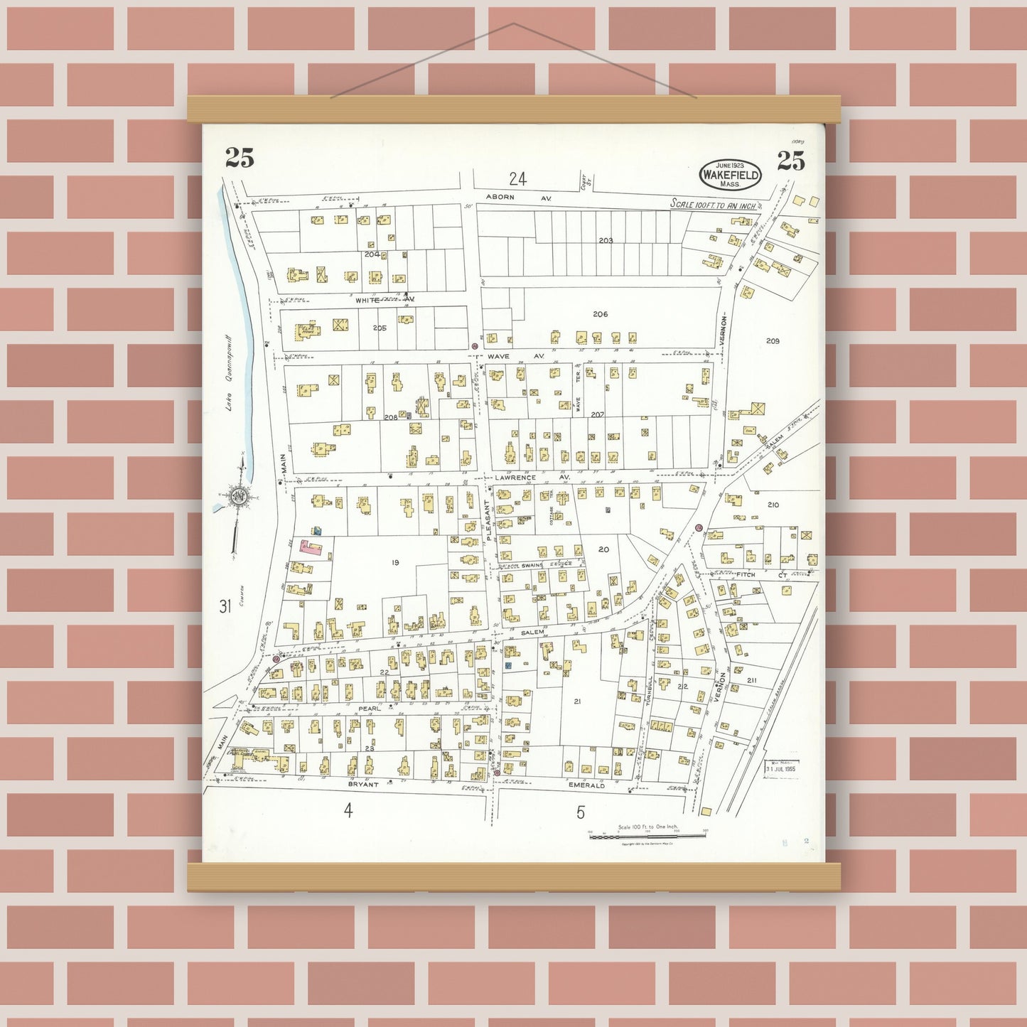 Old map wall art mockup — magnetic wood frame on brick wall — Sanborn Fire Insurance Map from Wakefield, Middlesex County, Massachusetts (1923), Sheet #0025