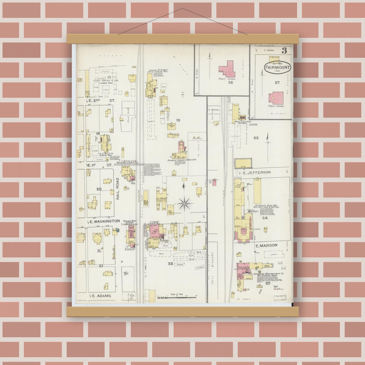 Old map wall art mockup — magnetic wood frame on brick wall — Sanborn Fire Insurance Map from Fairmount, Grant County, Indiana (1893), Sheet #0003