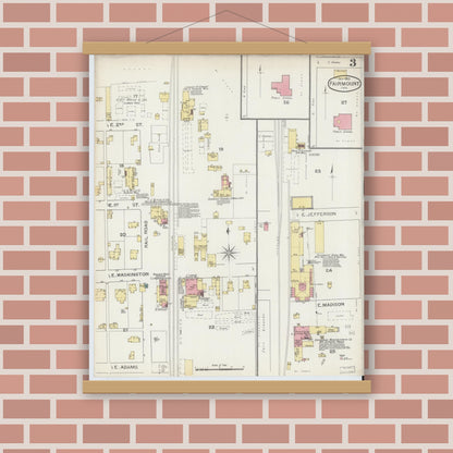 Old map wall art mockup — magnetic wood frame on brick wall — Sanborn Fire Insurance Map from Fairmount, Grant County, Indiana (1893), Sheet #0003