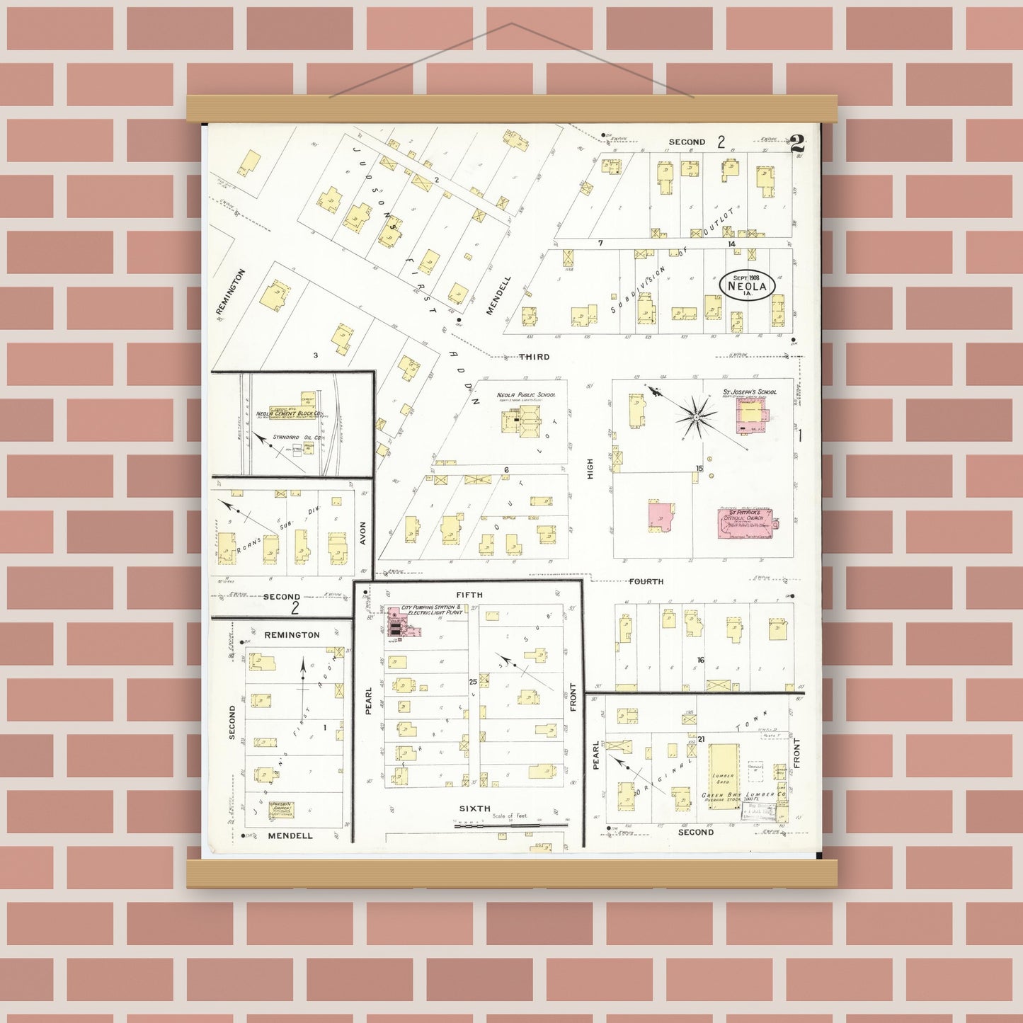 Old map wall art mockup — magnetic wood frame on brick wall — Sanborn Fire Insurance Map from Neola, Pottawattamie County, Iowa (1908), Sheet #0002