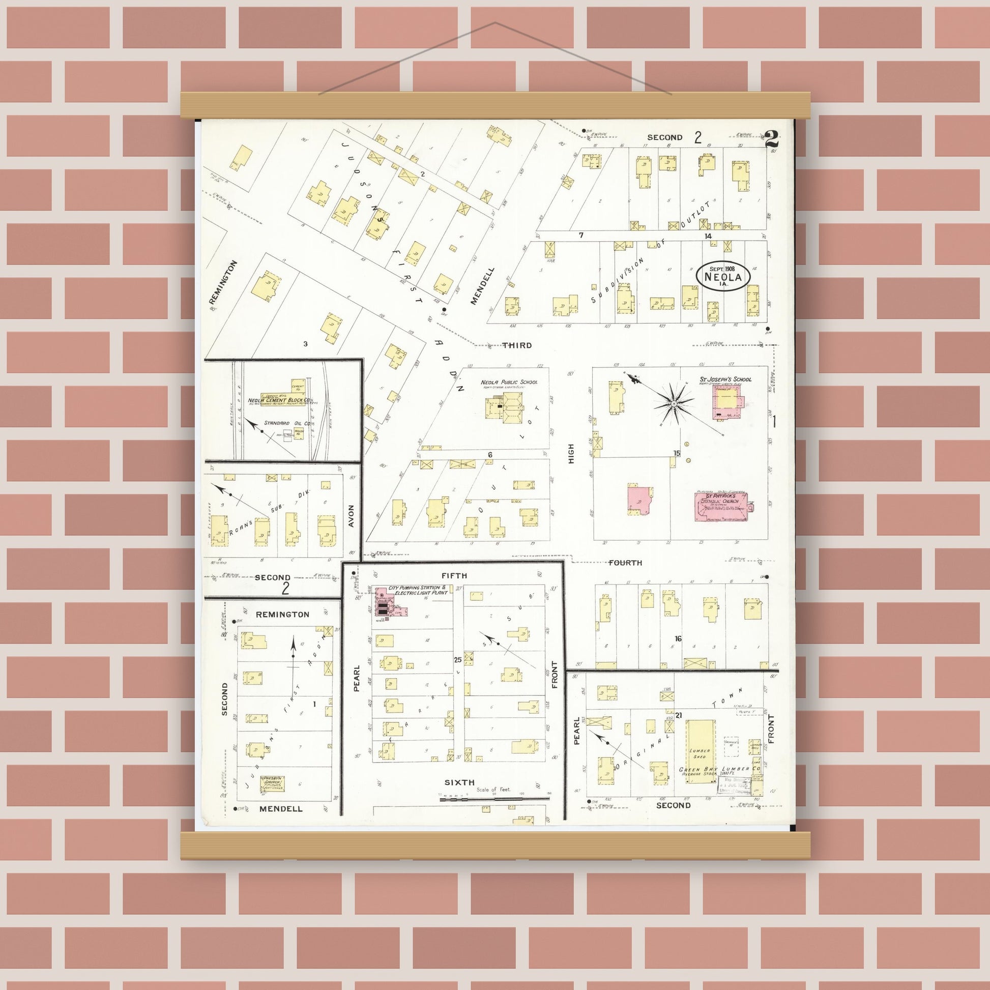 Old map wall art mockup — magnetic wood frame on brick wall — Sanborn Fire Insurance Map from Neola, Pottawattamie County, Iowa (1908), Sheet #0002