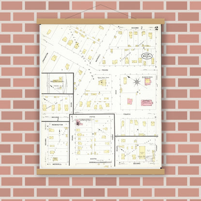 Old map wall art mockup — magnetic wood frame on brick wall — Sanborn Fire Insurance Map from Neola, Pottawattamie County, Iowa (1908), Sheet #0002