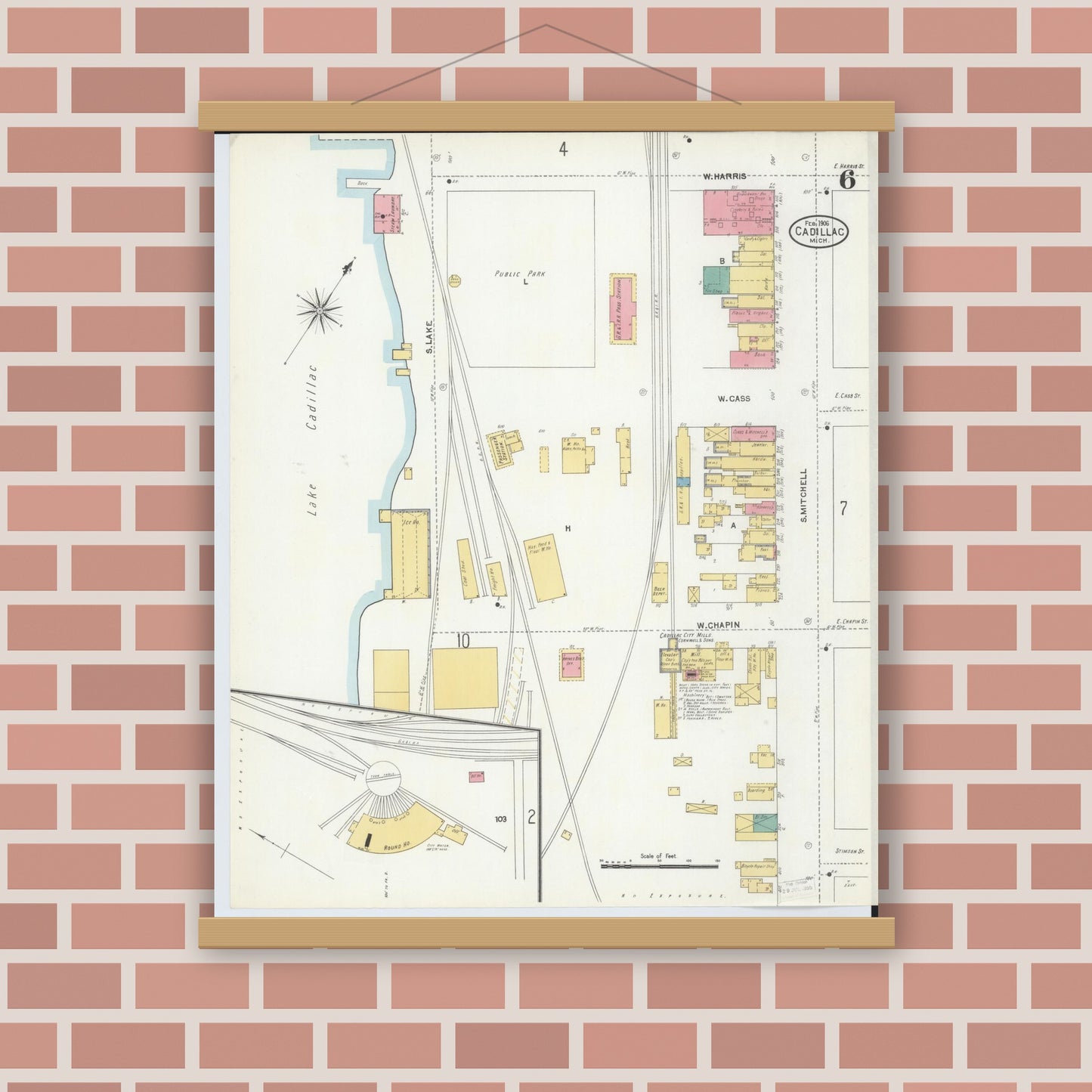 Old map wall art mockup — magnetic wood frame on brick wall — Sanborn Fire Insurance Map from Cadillac, Wexford County, Michigan (1906), Sheet #0006