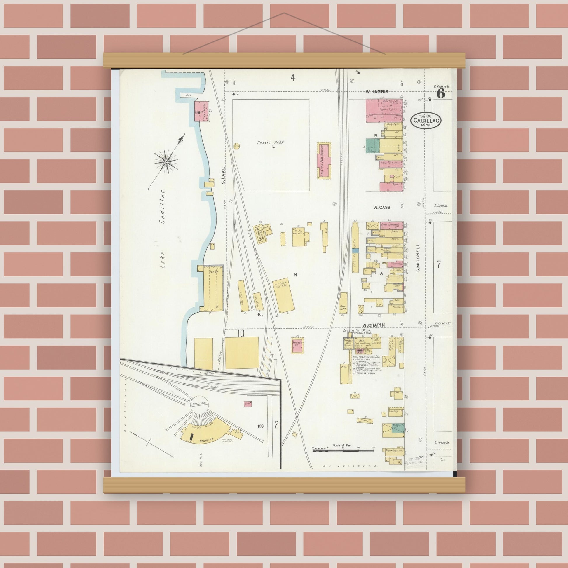 Old map wall art mockup — magnetic wood frame on brick wall — Sanborn Fire Insurance Map from Cadillac, Wexford County, Michigan (1906), Sheet #0006