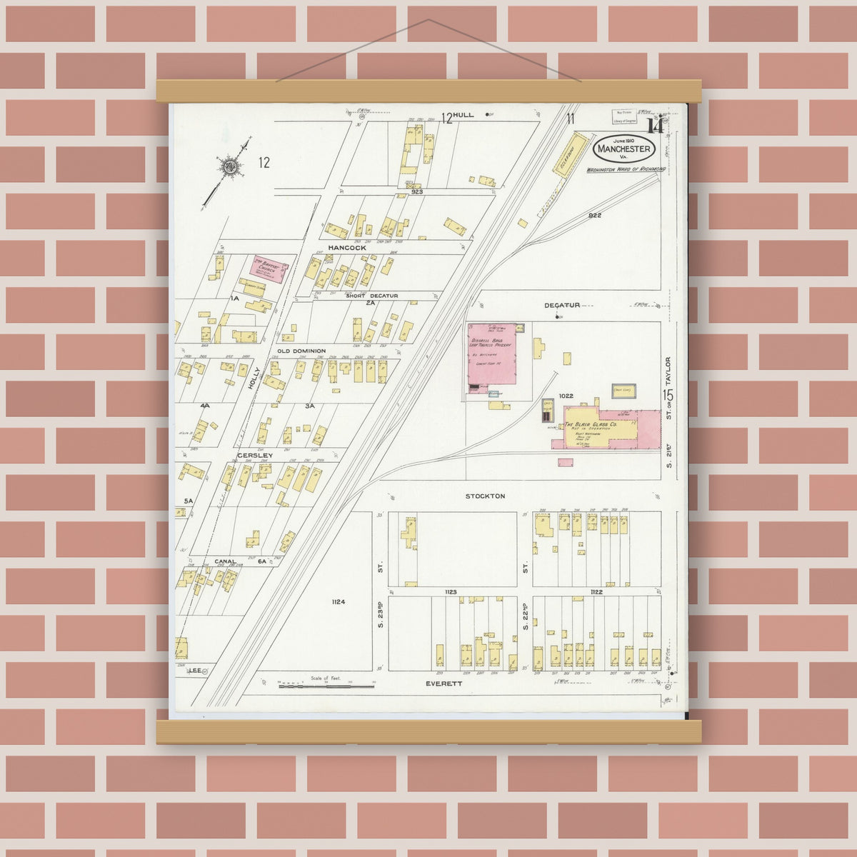 Old map wall art mockup — magnetic wood frame on brick wall — Sanborn Fire Insurance Map from Manchester, Chesterfield County, Virginia (1910), Sheet #0014