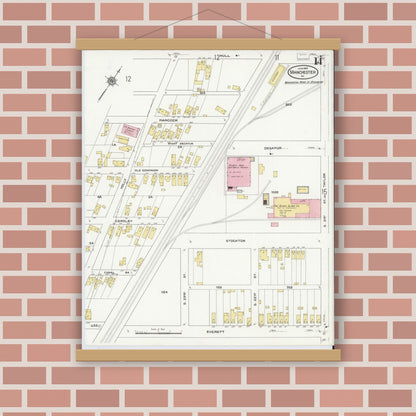 Old map wall art mockup — magnetic wood frame on brick wall — Sanborn Fire Insurance Map from Manchester, Chesterfield County, Virginia (1910), Sheet #0014