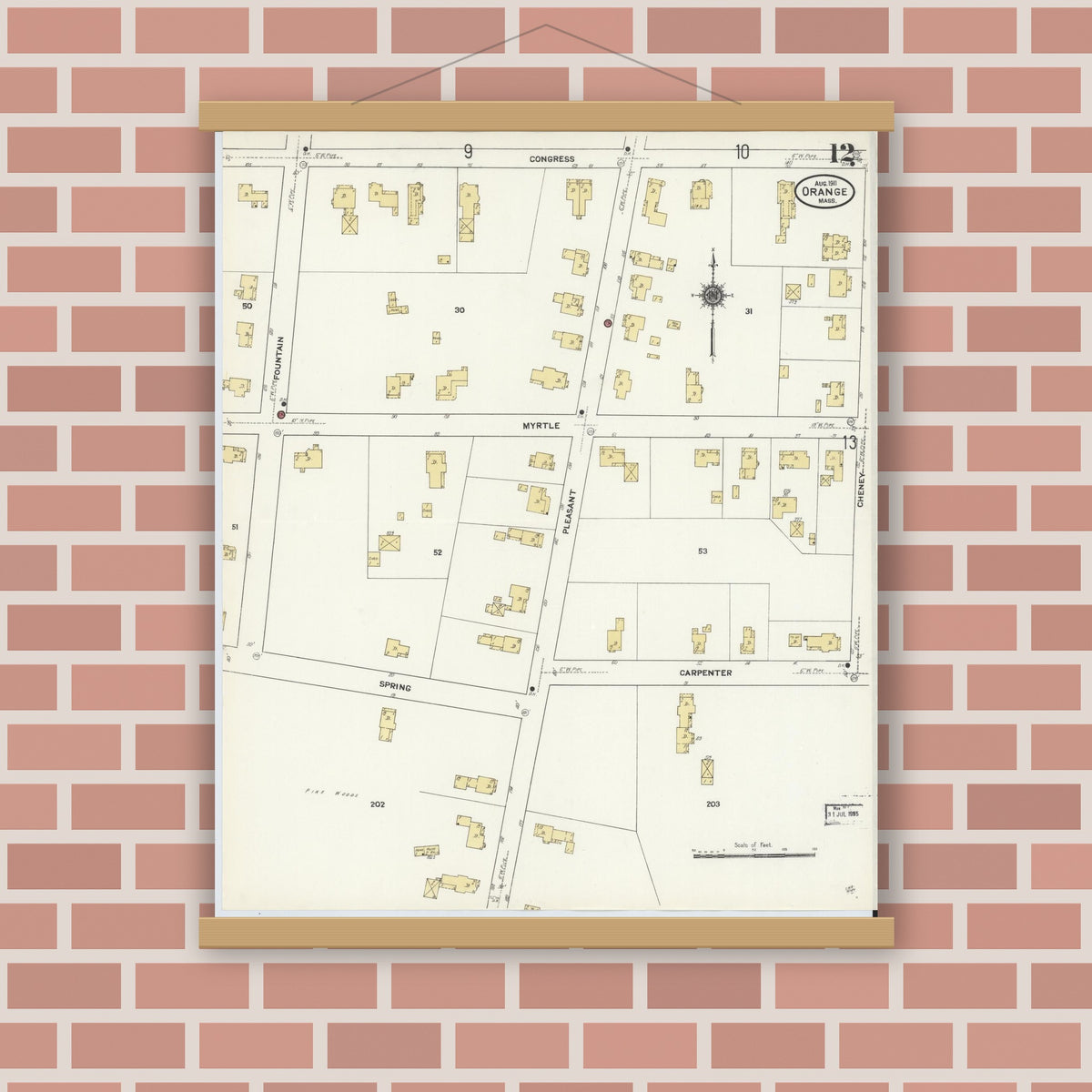 Old map wall art mockup — magnetic wood frame on brick wall — Sanborn Fire Insurance Map from Orange, Franklin County, Massachusetts (1911), Sheet #0012