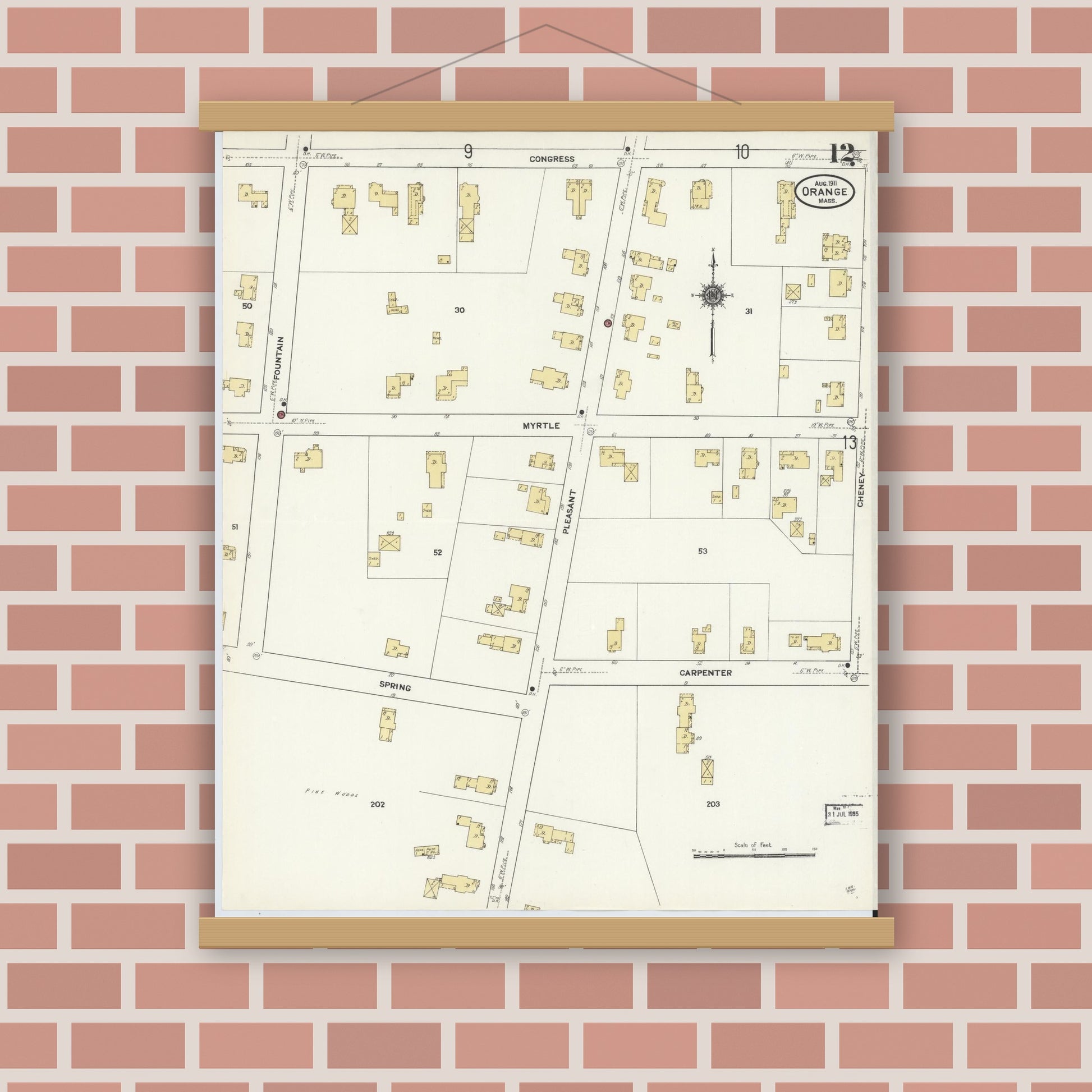 Old map wall art mockup — magnetic wood frame on brick wall — Sanborn Fire Insurance Map from Orange, Franklin County, Massachusetts (1911), Sheet #0012