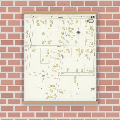 Old map wall art mockup — magnetic wood frame on brick wall — Sanborn Fire Insurance Map from Orange, Franklin County, Massachusetts (1911), Sheet #0012
