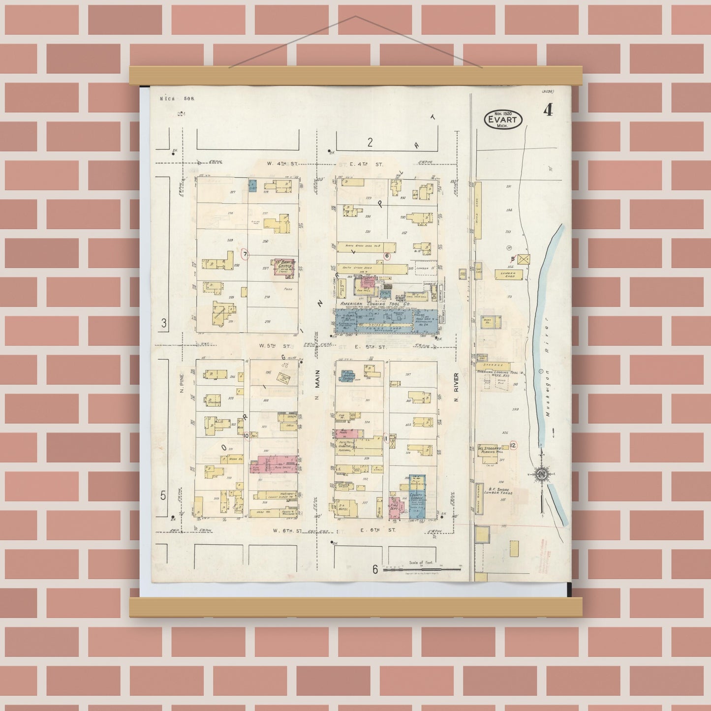 Old map wall art mockup — magnetic wood frame on brick wall — Sanborn Fire Insurance Map from Evart, Osceola County, Michigan (1942), Sheet #0004