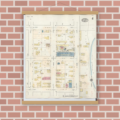 Old map wall art mockup — magnetic wood frame on brick wall — Sanborn Fire Insurance Map from Evart, Osceola County, Michigan (1942), Sheet #0004