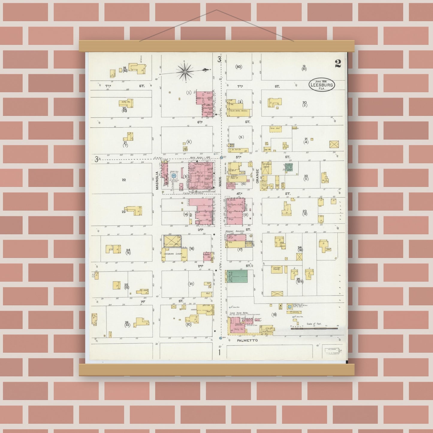 Old map wall art mockup — magnetic wood frame on brick wall — Sanborn Fire Insurance Map from Leesburg, Lake County, Florida (1906), Sheet #0002