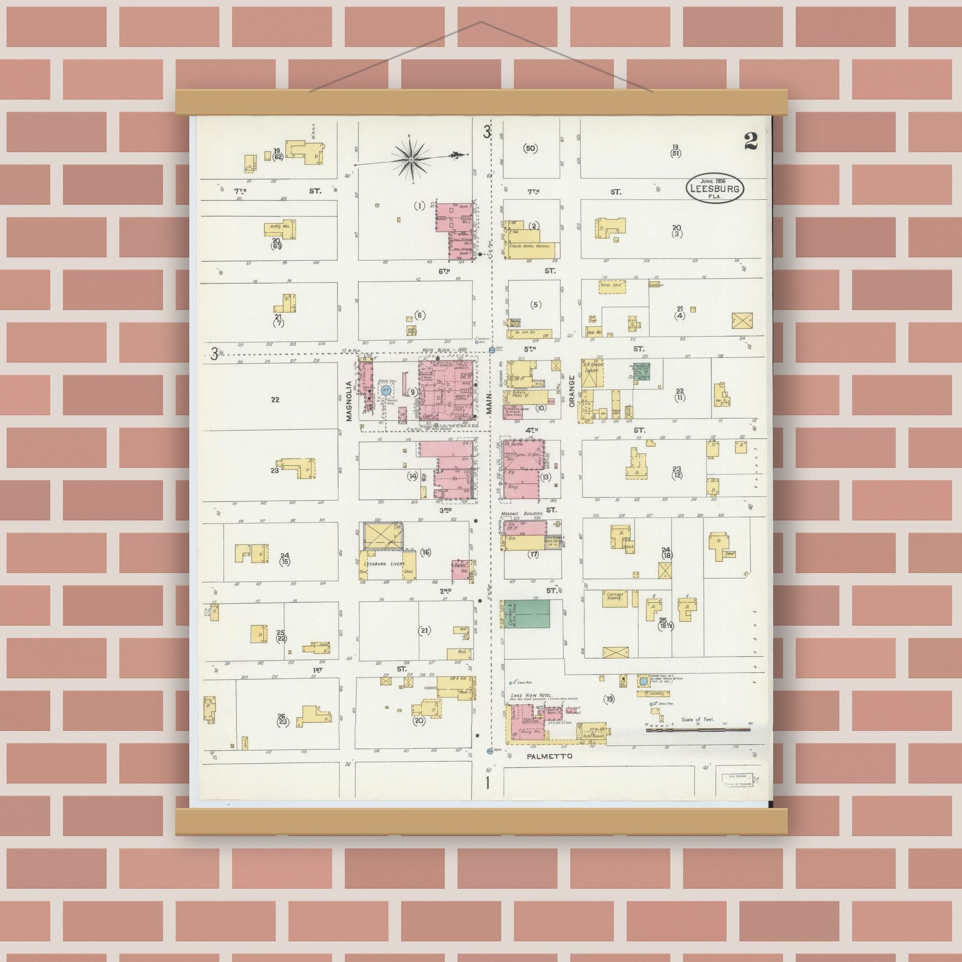 Old map wall art mockup — magnetic wood frame on brick wall — Sanborn Fire Insurance Map from Leesburg, Lake County, Florida (1906), Sheet #0002