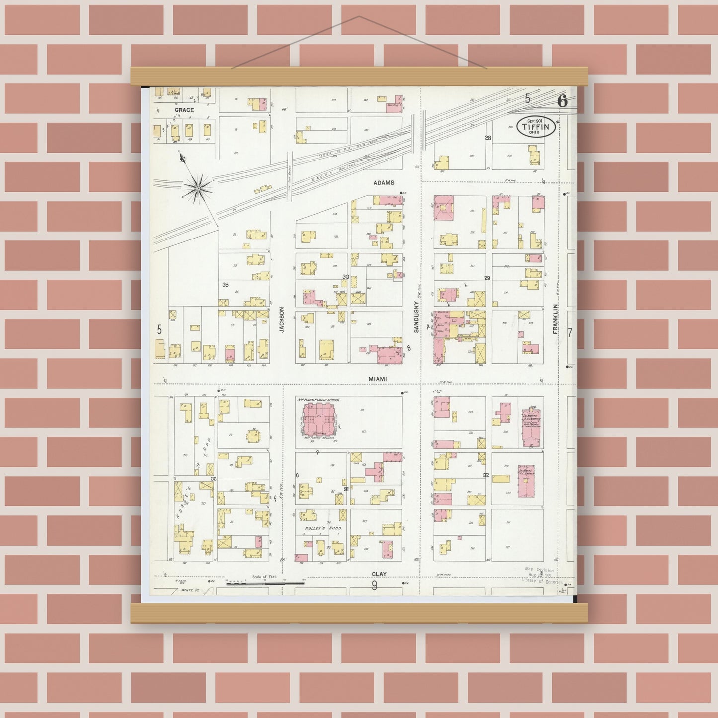 Old map wall art mockup — magnetic wood frame on brick wall — Sanborn Fire Insurance Map from Tiffin, Seneca County, Ohio (1901), Sheet #0006