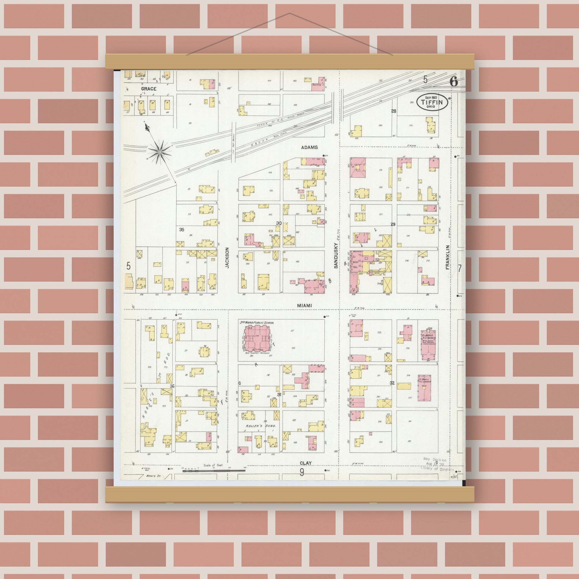 Old map wall art mockup — magnetic wood frame on brick wall — Sanborn Fire Insurance Map from Tiffin, Seneca County, Ohio (1901), Sheet #0006