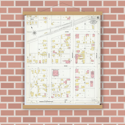 Old map wall art mockup — magnetic wood frame on brick wall — Sanborn Fire Insurance Map from Tiffin, Seneca County, Ohio (1901), Sheet #0006