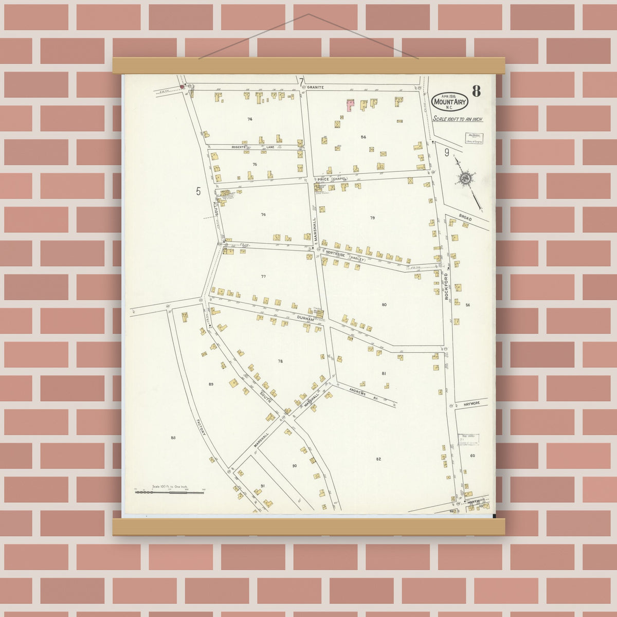 Old map wall art mockup — magnetic wood frame on brick wall — Sanborn Fire Insurance Map from Mount Airy, Surry County, North Carolina (1916), Sheet #0008