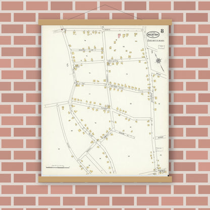 Old map wall art mockup — magnetic wood frame on brick wall — Sanborn Fire Insurance Map from Mount Airy, Surry County, North Carolina (1916), Sheet #0008