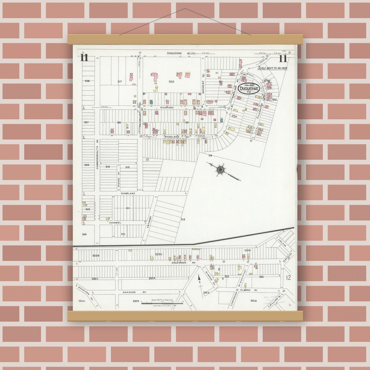 Old map wall art mockup — magnetic wood frame on brick wall — Sanborn Fire Insurance Map from Duquesne, Allegheny County, Pennsylvania (1925), Sheet #0011