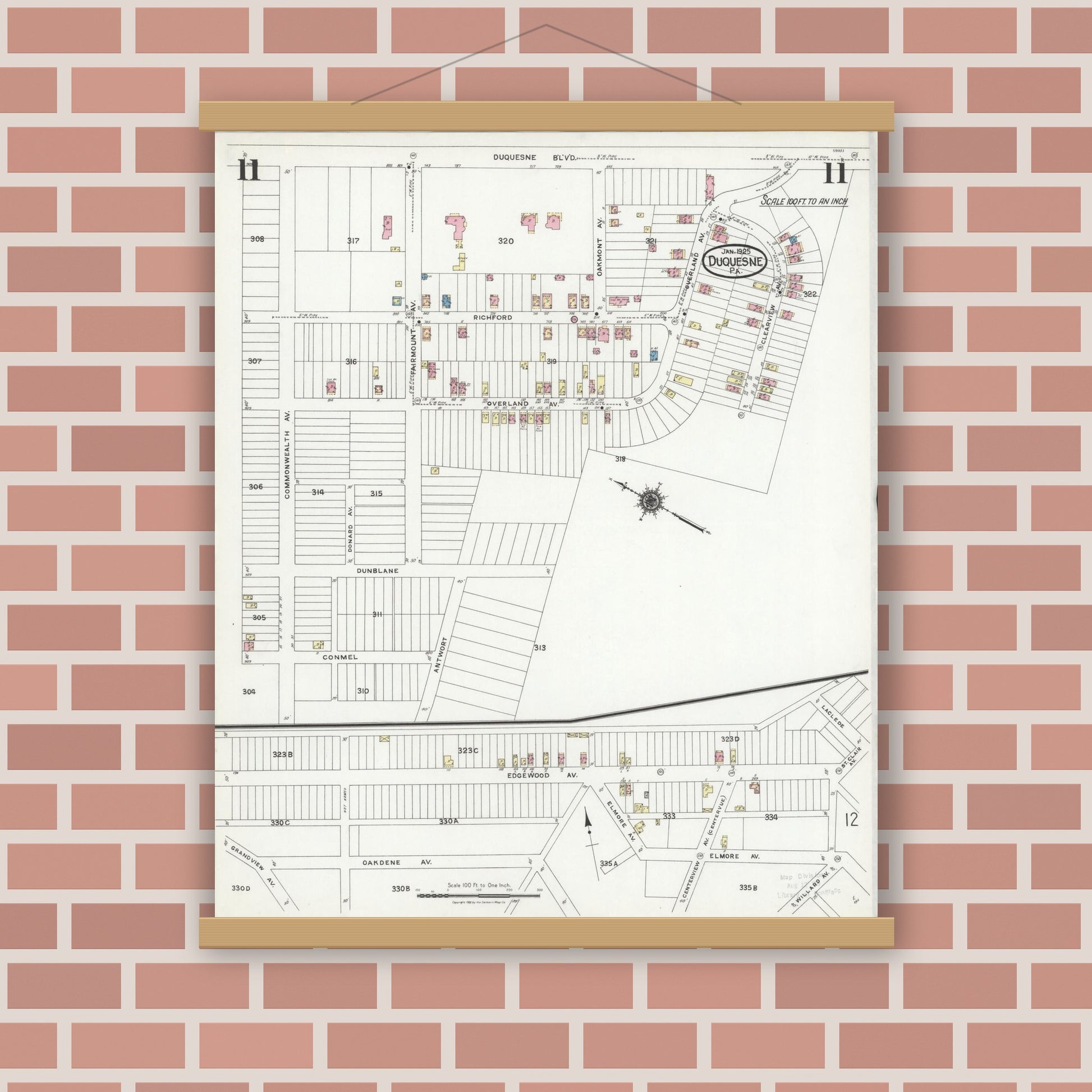 Old map wall art mockup — magnetic wood frame on brick wall — Sanborn Fire Insurance Map from Duquesne, Allegheny County, Pennsylvania (1925), Sheet #0011