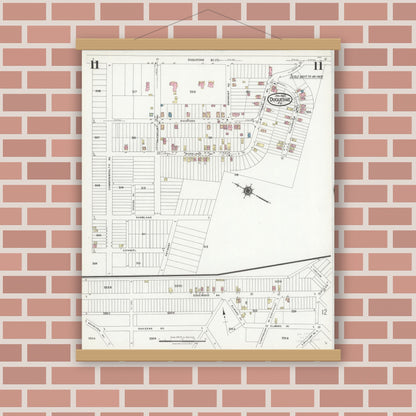 Old map wall art mockup — magnetic wood frame on brick wall — Sanborn Fire Insurance Map from Duquesne, Allegheny County, Pennsylvania (1925), Sheet #0011