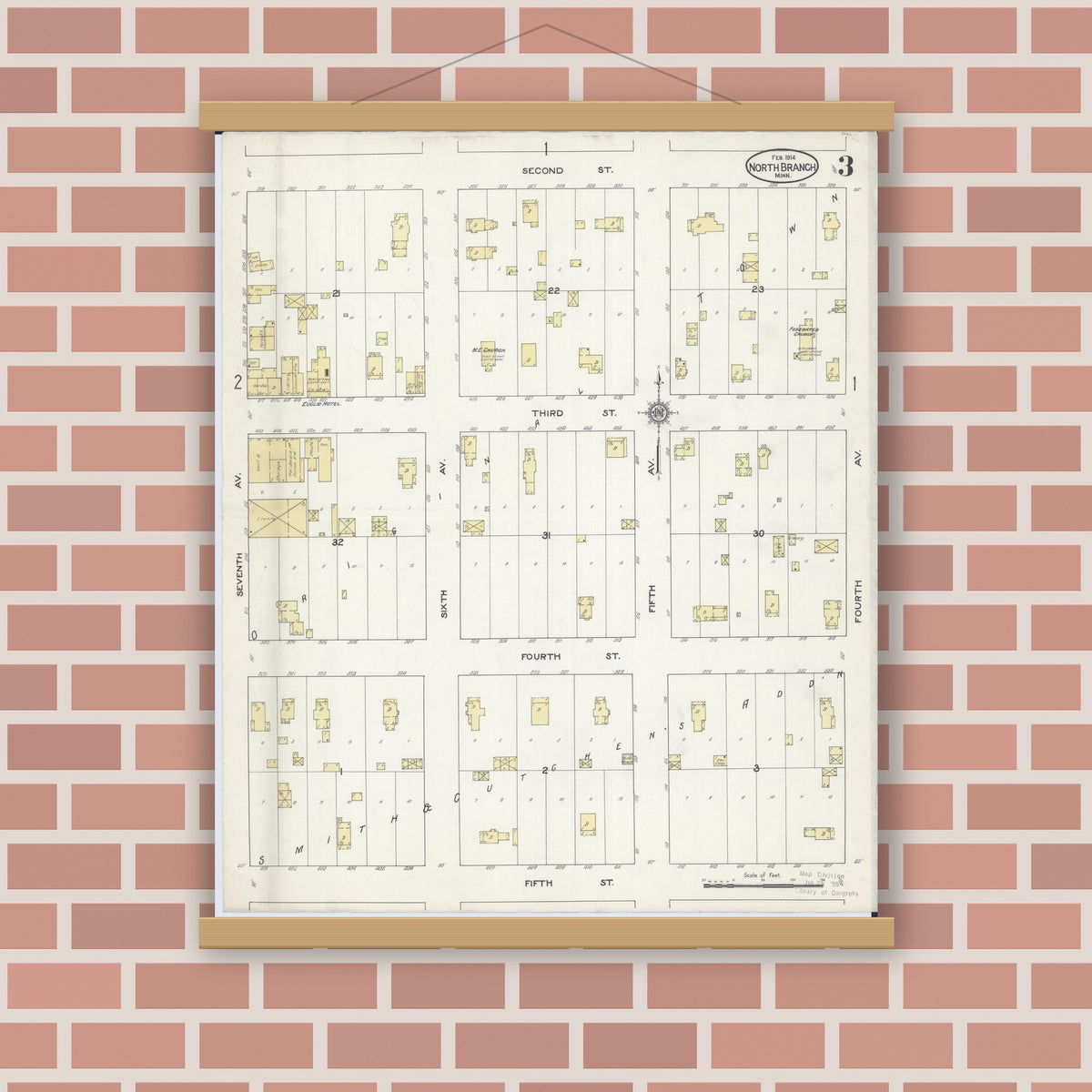Old map wall art mockup — magnetic wood frame on brick wall — Sanborn Fire Insurance Map from North Branch, Chisago County, Minnesota (1914), Sheet #0003