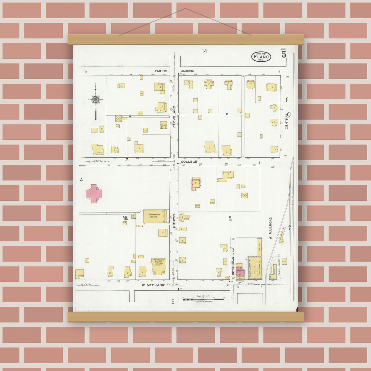 Old map wall art mockup — magnetic wood frame on brick wall — Sanborn Fire Insurance Map from Plano, Collin County, Texas (1921), Sheet #0005