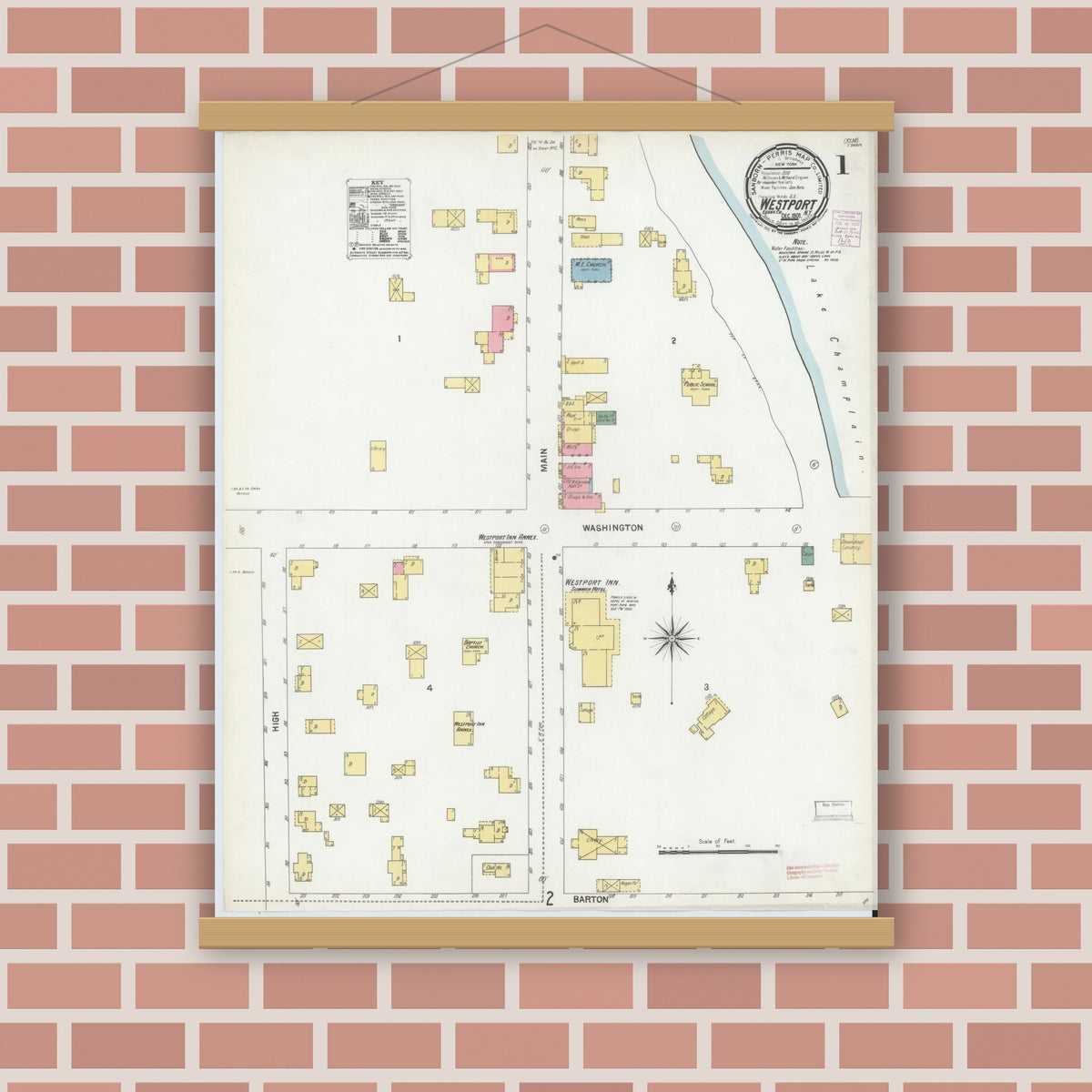 Old map wall art mockup — magnetic wood frame on brick wall — Sanborn Fire Insurance Map from Westport, Essex County, New York (1901) - Complete Map Set
