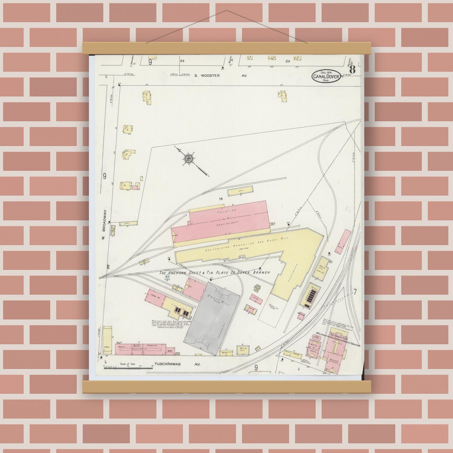 Old map wall art mockup — magnetic wood frame on brick wall — Sanborn Fire Insurance Map from Canal Dover, Tuscarawas County, Ohio (1914), Sheet #0008