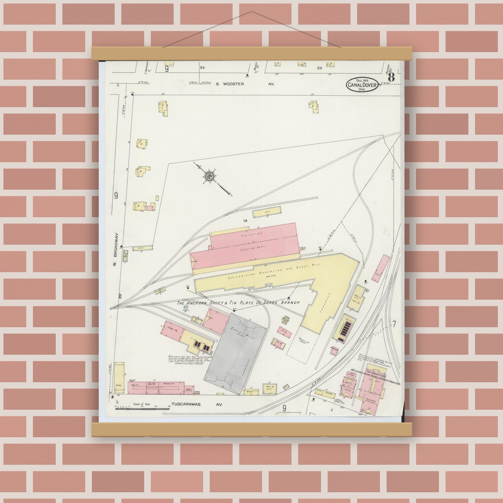 Old map wall art mockup — magnetic wood frame on brick wall — Sanborn Fire Insurance Map from Canal Dover, Tuscarawas County, Ohio (1914), Sheet #0008