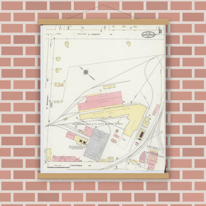 Old map wall art mockup — magnetic wood frame on brick wall — Sanborn Fire Insurance Map from Canal Dover, Tuscarawas County, Ohio (1914), Sheet #0008