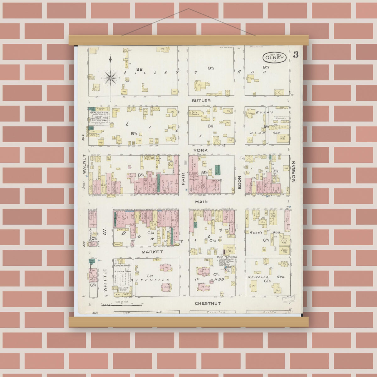 Old map wall art mockup — magnetic wood frame on brick wall — Sanborn Fire Insurance Map from Olney, Richland County, Illinois (1886), Sheet #0003
