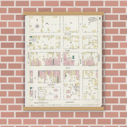 Old map wall art mockup — magnetic wood frame on brick wall — Sanborn Fire Insurance Map from Olney, Richland County, Illinois (1886), Sheet #0003