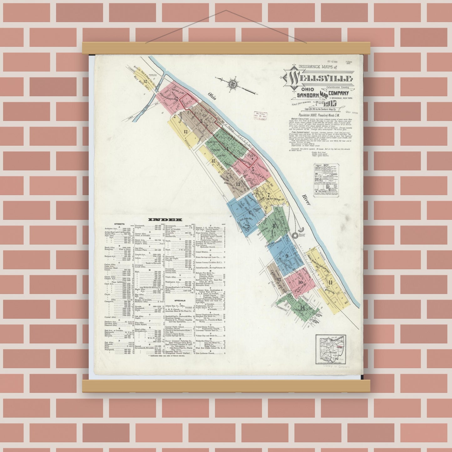 Old map wall art mockup — magnetic wood frame on brick wall — Sanborn Fire Insurance Map from Wellsville, Columbiana County, Ohio (1915) - Complete Map Set