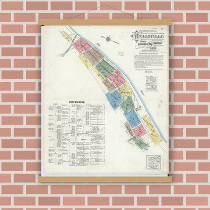 Old map wall art mockup — magnetic wood frame on brick wall — Sanborn Fire Insurance Map from Wellsville, Columbiana County, Ohio (1915) - Complete Map Set