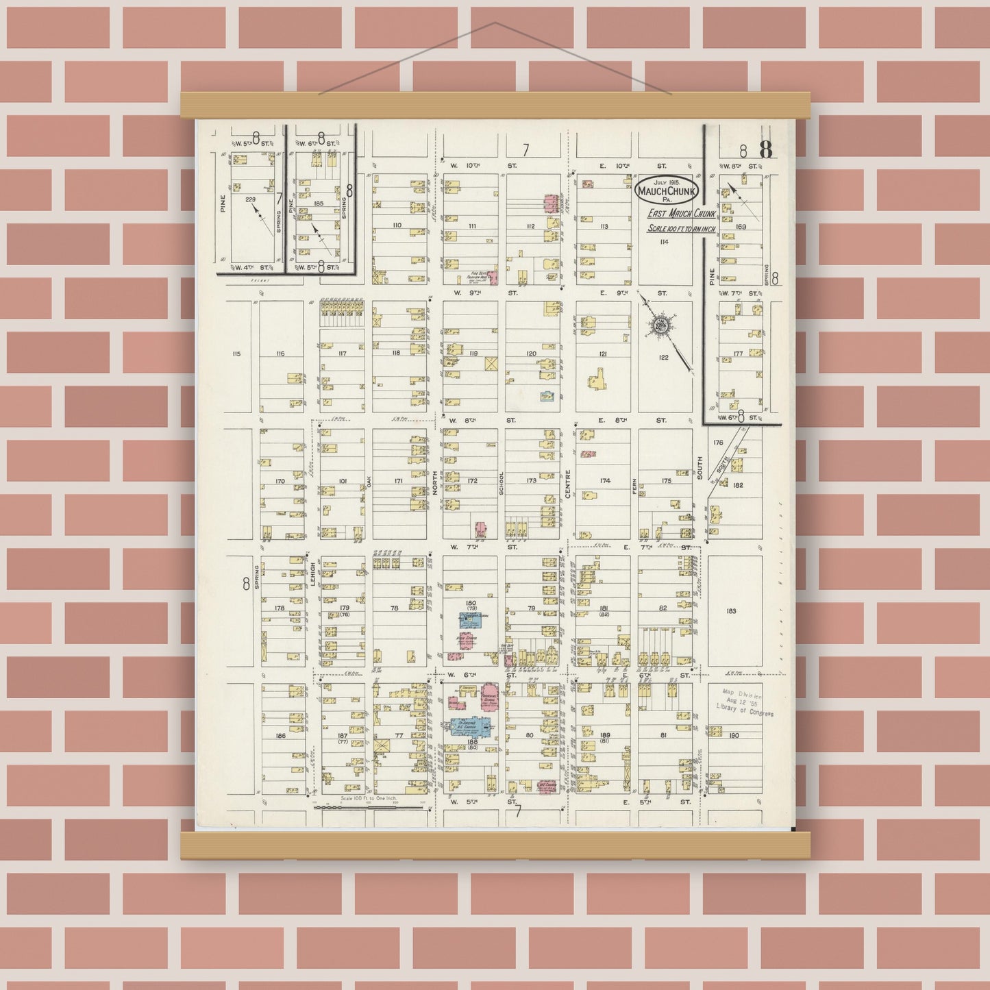 Old map wall art mockup — magnetic wood frame on brick wall — Sanborn Fire Insurance Map from Mauch Chunk, Carbon County, Pennsylvania (1915), Sheet #0008