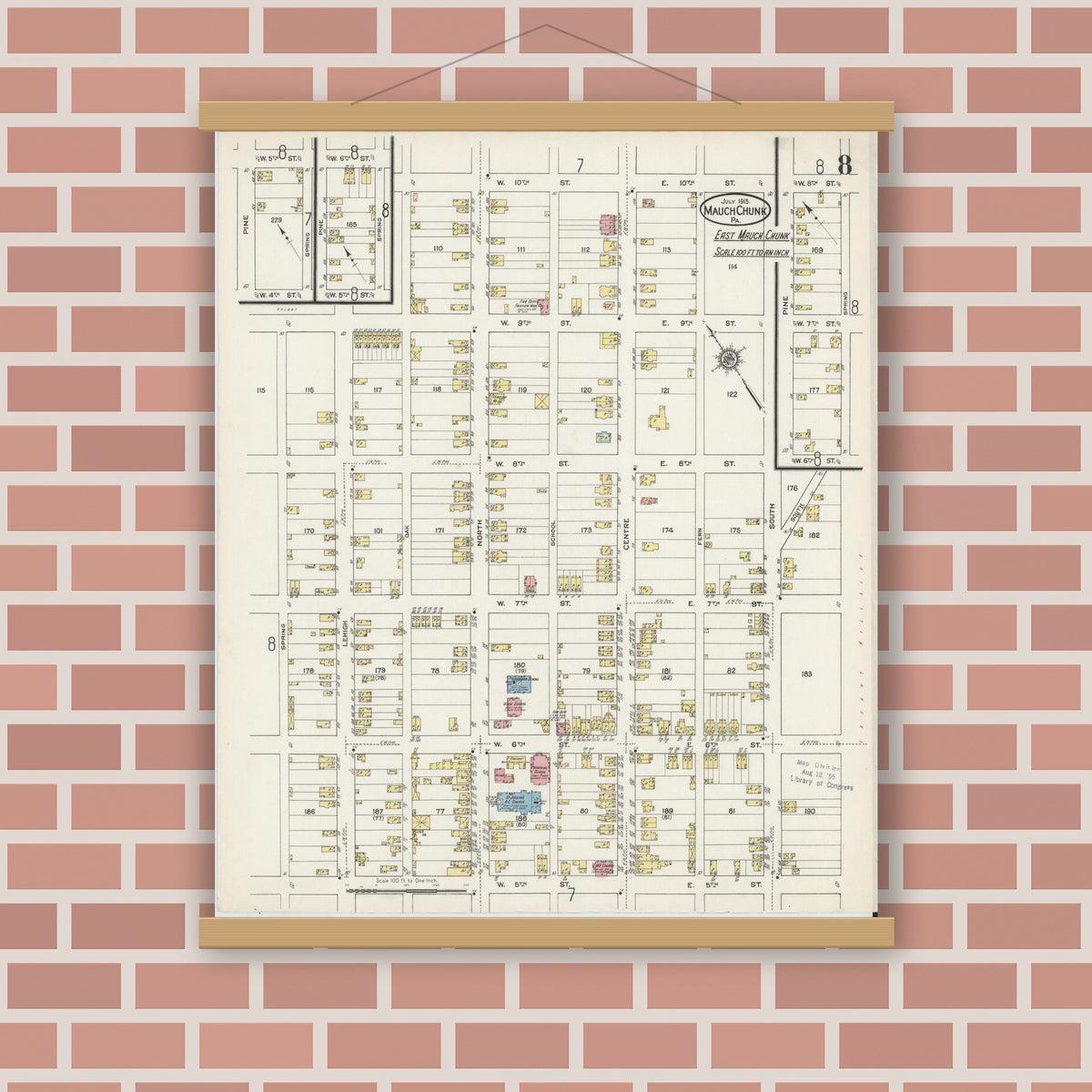 Old map wall art mockup — magnetic wood frame on brick wall — Sanborn Fire Insurance Map from Mauch Chunk, Carbon County, Pennsylvania (1915), Sheet #0008
