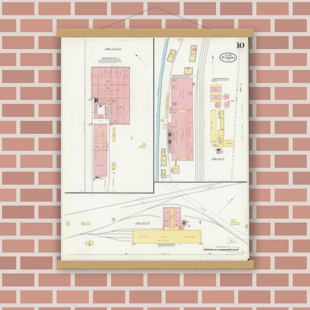 Old map wall art mockup — magnetic wood frame on brick wall — Sanborn Fire Insurance Map from Ridgway, Elk County, Pennsylvania (1904), Sheet #0010