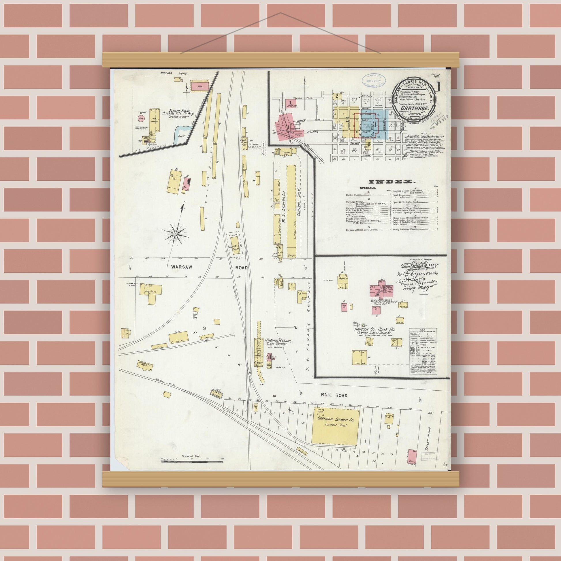Old map wall art mockup — magnetic wood frame on brick wall — Sanborn Fire Insurance Map from Carthage, Hancock County, Illinois (1898) - Complete Map Set