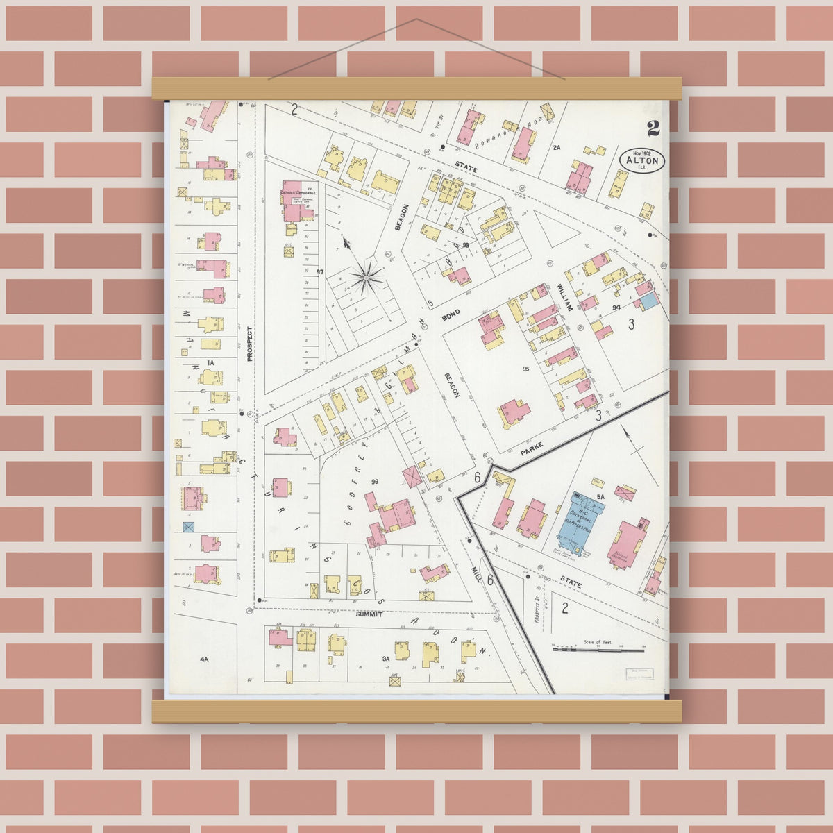 Old map wall art mockup — magnetic wood frame on brick wall — Sanborn Fire Insurance Map from Alton, Madison County, Illinois (1902), Sheet #0002