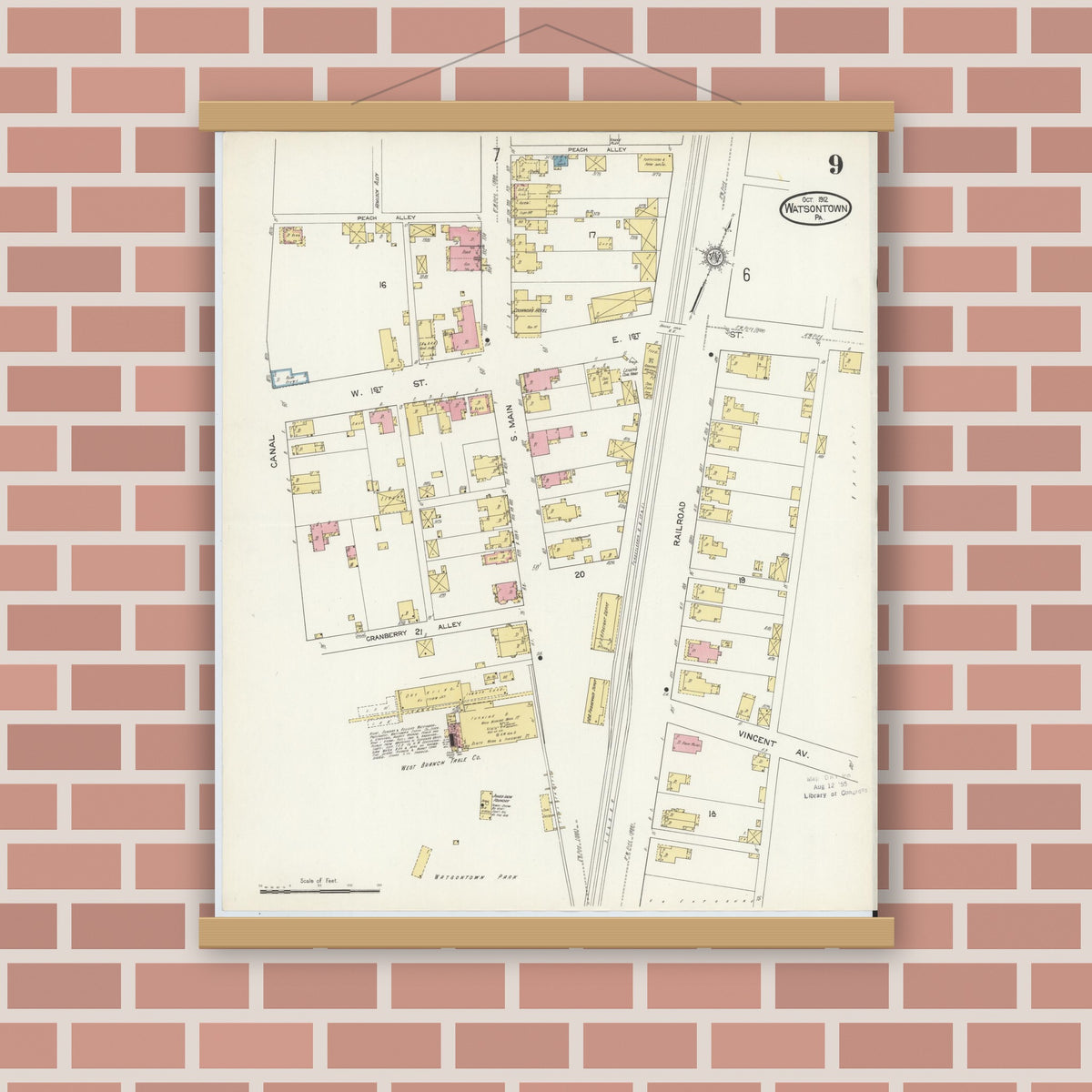 Old map wall art mockup — magnetic wood frame on brick wall — Sanborn Fire Insurance Map from Watsontown, Northumberland County, Pennsylvania (1912), Sheet #0009