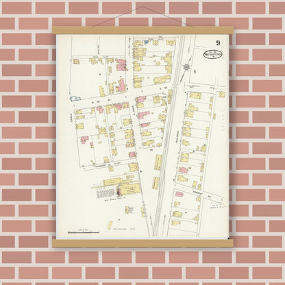 Old map wall art mockup — magnetic wood frame on brick wall — Sanborn Fire Insurance Map from Watsontown, Northumberland County, Pennsylvania (1912), Sheet #0009
