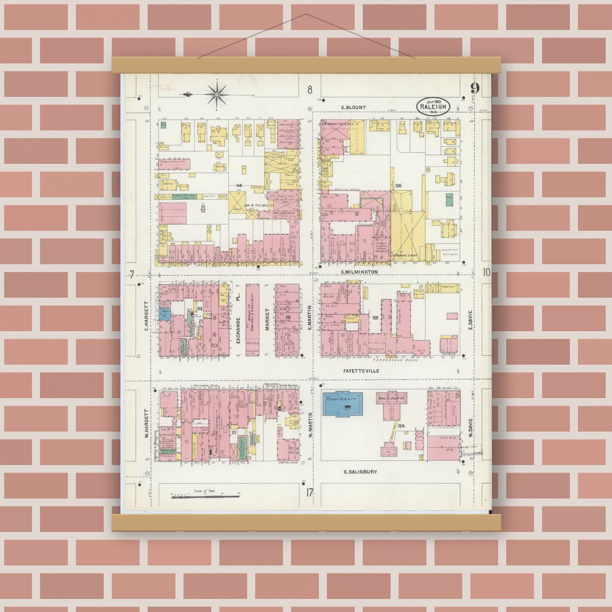 Old map wall art mockup — magnetic wood frame on brick wall — Sanborn Fire Insurance Map from Raleigh, Wake County, North Carolina (1903), Sheet #0009