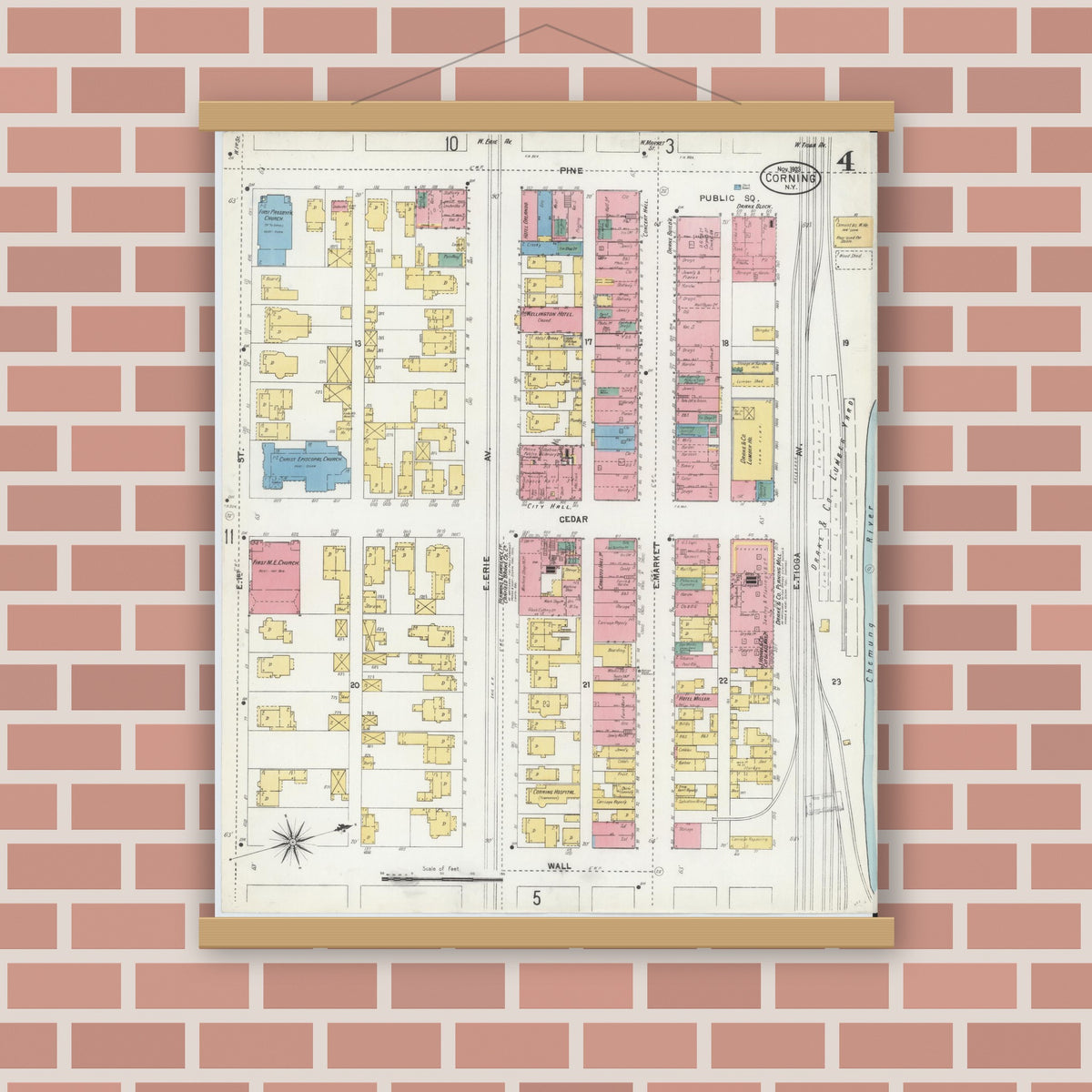 Old map wall art mockup — magnetic wood frame on brick wall — Sanborn Fire Insurance Map from Corning, Steuben County, New York (1903), Sheet #0004