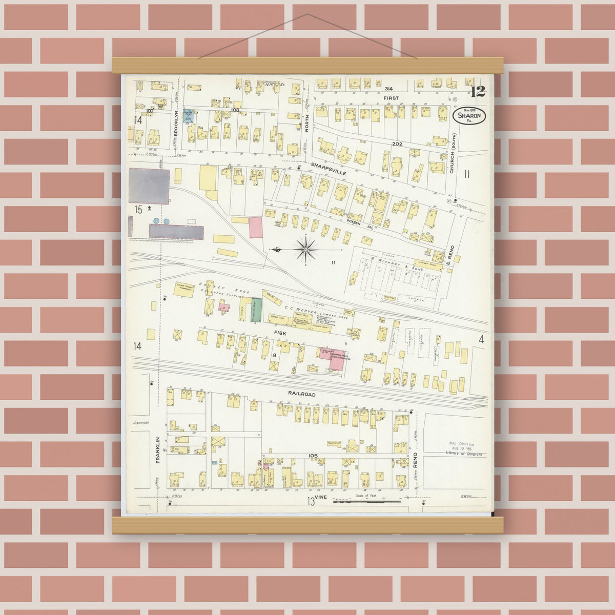 Old map wall art mockup — magnetic wood frame on brick wall — Sanborn Fire Insurance Map from Sharon, Mercer County, Pennsylvania (1908), Sheet #0012