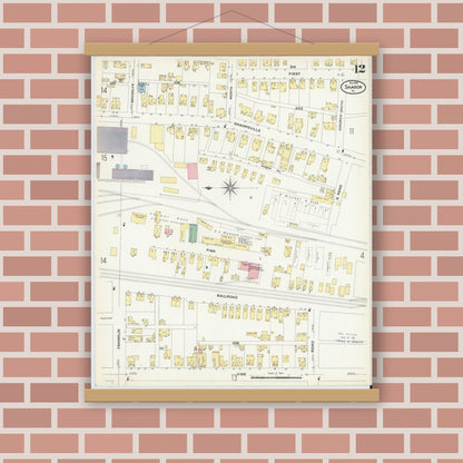 Old map wall art mockup — magnetic wood frame on brick wall — Sanborn Fire Insurance Map from Sharon, Mercer County, Pennsylvania (1908), Sheet #0012