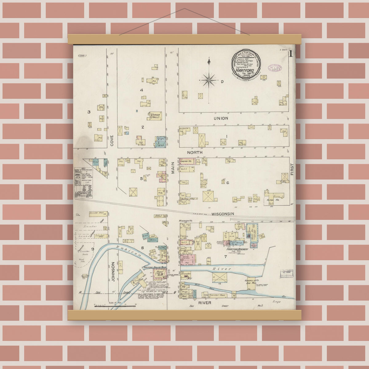 Old map wall art mockup — magnetic wood frame on brick wall — Sanborn Fire Insurance Map from Hartford, Washington County, Wisconsin (1887) - Complete Map Set